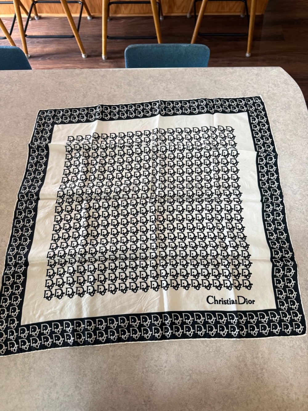 Vintage Christian Dior Black & Cream Logo Silk Scarf